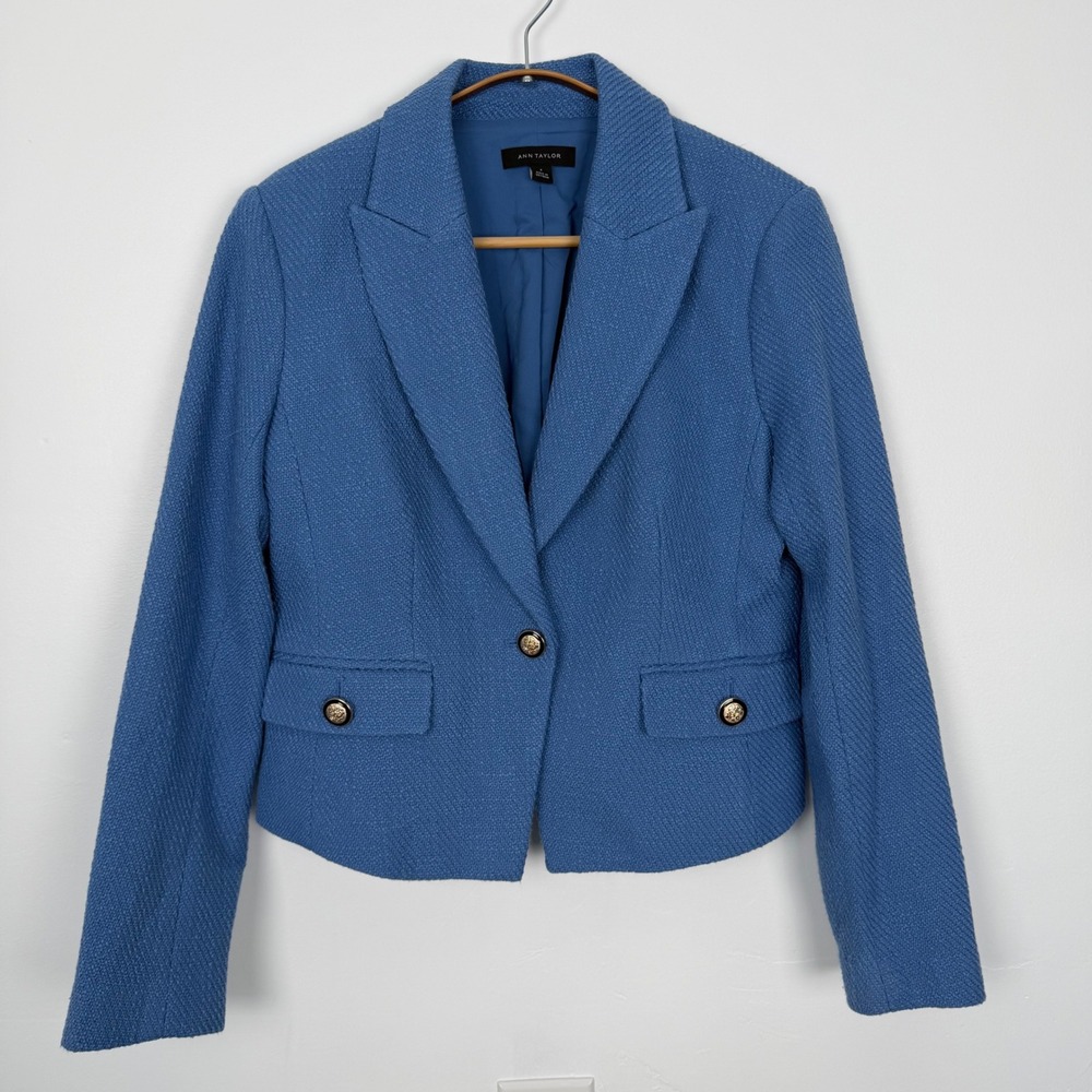 Ann Taylor Cool Cascades Blue Cotton Tweed Blazer Gold Crest Button Jacket Sz 4